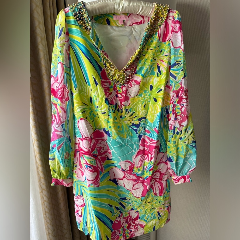$299 Lilly Pulitzer Saemus Schooner Blue Green Pink Silk Dress Size 6 Bead Jewel